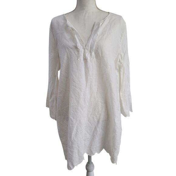 J. Crew white linen long scalloped tunic top XXL lagenlook minmalist - Picture 2 of 8